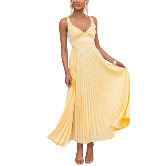 Aby | Gelbes Plissiertes V-Ausschnitt Maxikleid