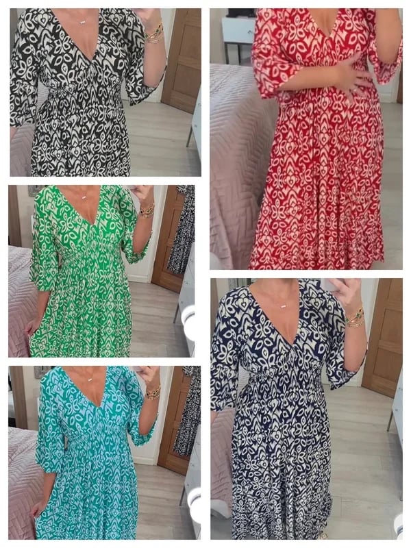 Bohème lässigen Druck V-Ausschnitt Taille wickeln langes Kleid