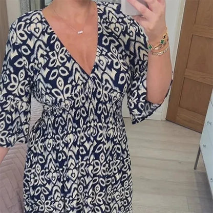 Bohème lässigen Druck V-Ausschnitt Taille wickeln langes Kleid